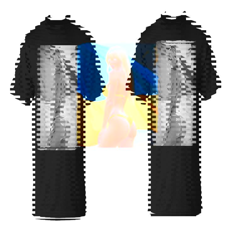 セクシーガールグラフィックtシャツ 「モダンピンナップガール&ウクライナ国旗2」 Tシャツ