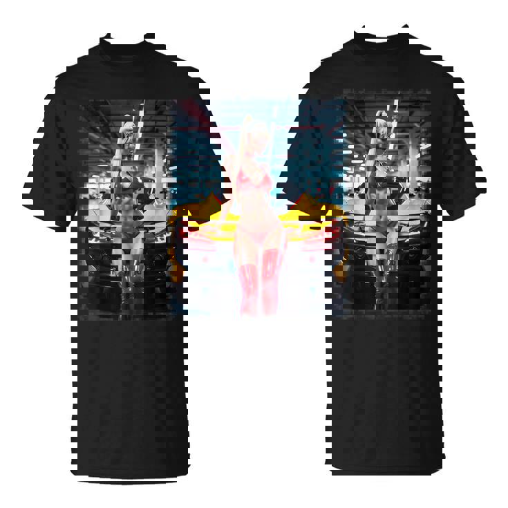 セクシーガールグラフィックtシャツ セクシーブロンドビキニモデル&車 Tシャツ