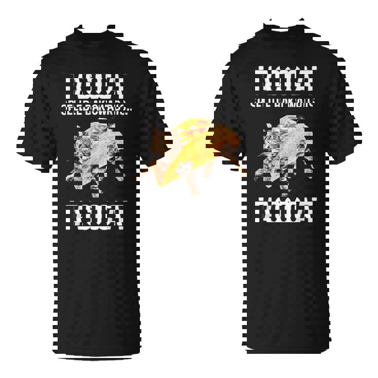 タコキャットは後ろ向きに綴られたタコキャット 愛猫とタコス Tシャツ