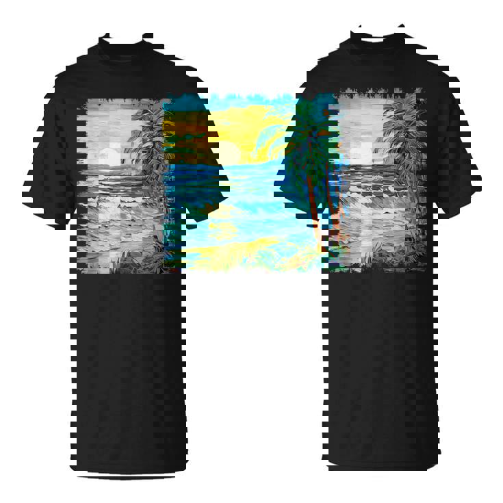 トロピカルビーチ 太陽 オーシャン ヤシの木 ゴッホスタイル アートデザイン Tシャツ