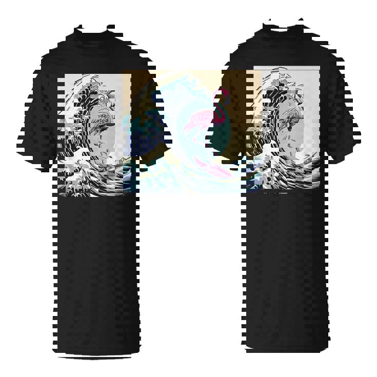 トロピカルピンク フラミンゴ グレートビッグウェーブサーファー オーシャンビーチ Tシャツ