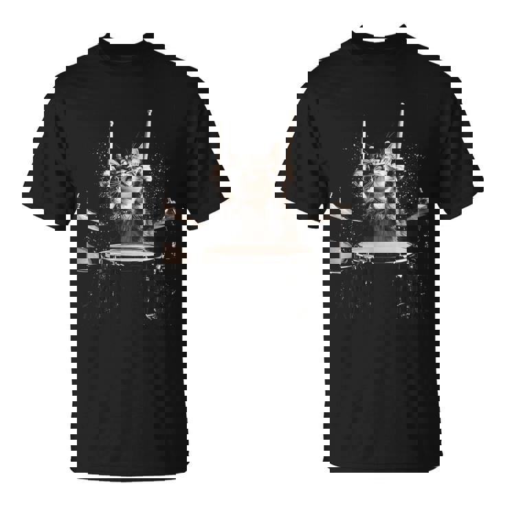 ドラムを叩く猫 面白い猫 ドラマー メンズ 半袖 おもしろ Tシャツ