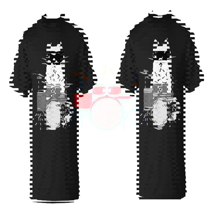 ネコとドラム 猫とサングラス ネコ好き 猫飼い 愛猫家 ドラム ドラムセット バンド ジャズ音楽 ねこ ネコ 猫 Tシャツ