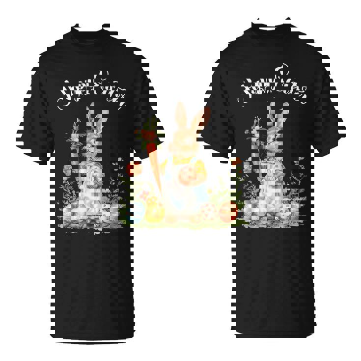 ハッピーイースターバニーニンジンイースターエッグ イースターラビットアートワーク Tシャツ