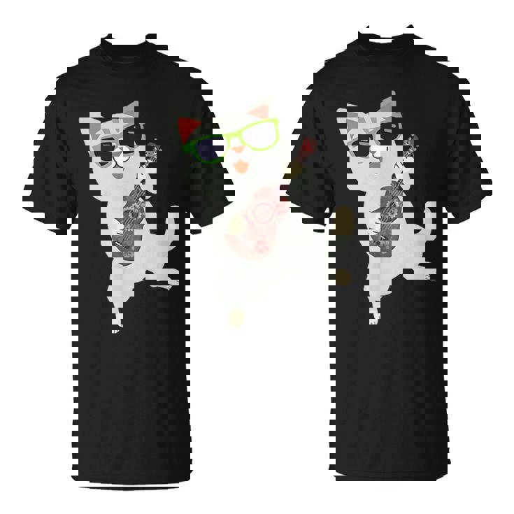 ハワイアンウケ猫遊びウクレレバッジポケット Tシャツ