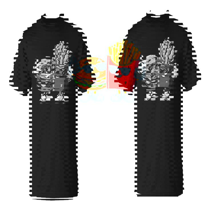 ハンバーガーフライドポテトファーストフード愛好家アート 面白いユーモアコンボプリント Tシャツ