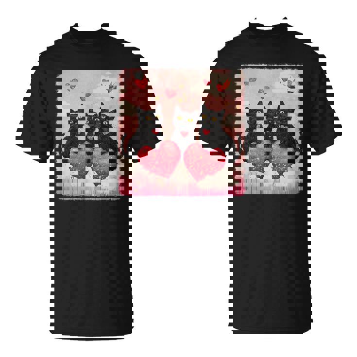 ハートのある黒猫 バレンタインデー アートペインティング Tシャツ