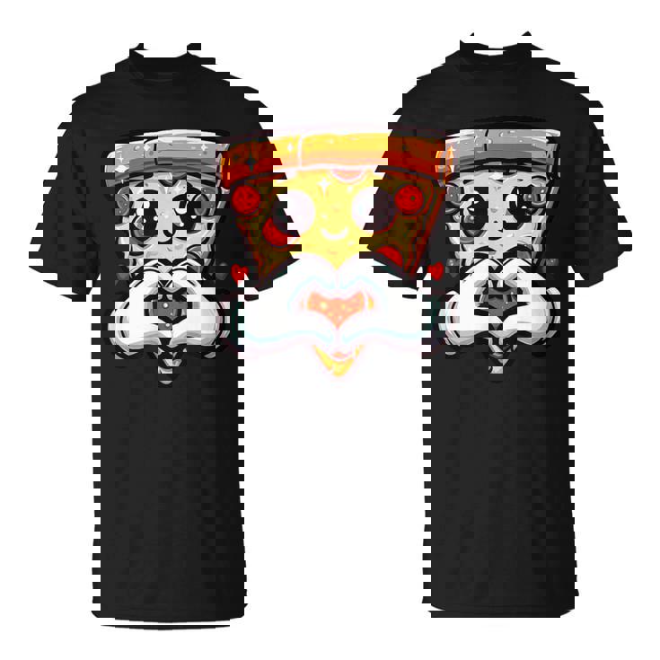 ハートの手でペパロニピザのスライス、かわいいピザ Tシャツ