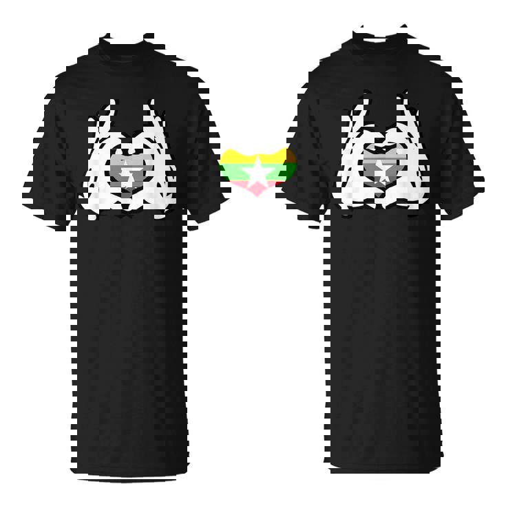 ハートを形作る漫画の手 ミャンマー国旗 Tシャツ