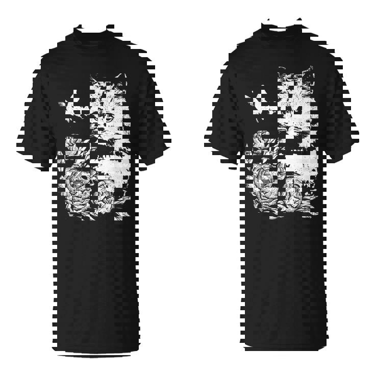 バラと蝶の猫、花柄 Tシャツ