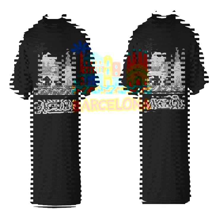 バルセロナの象徴的な建物とサグラダファミリア カラフル Tシャツ