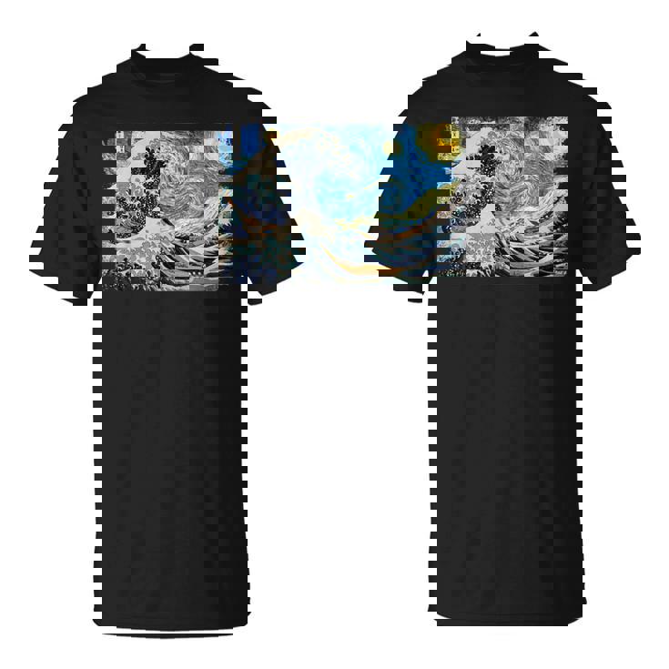 バンゴッホの星空と北斎の富嶽三十六景波絵の融合 Tシャツ
