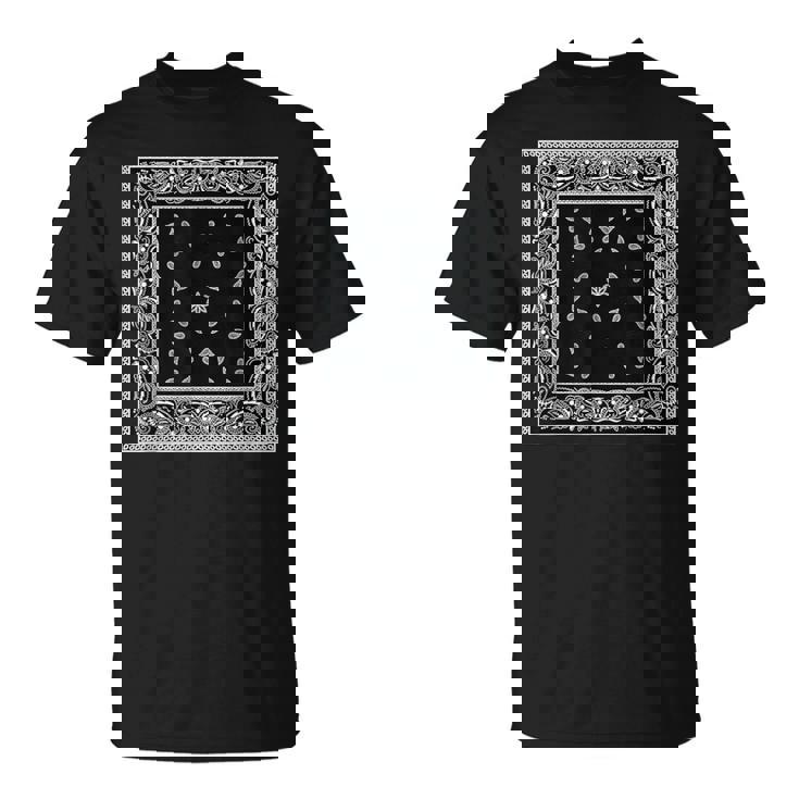 メンズ ブラック ホワイト バンダナ プリント ブラック ペイズリー柄 Tシャツ