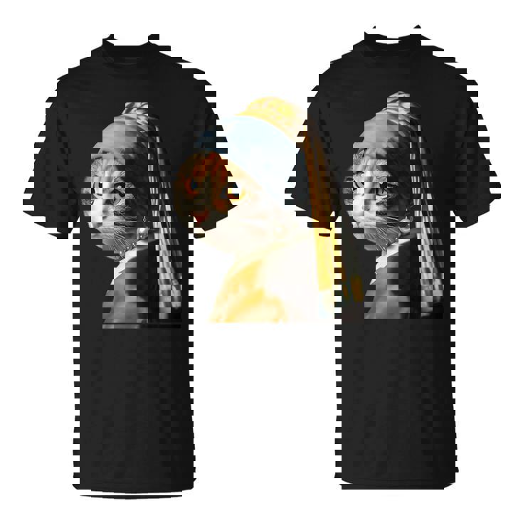 パールイヤリング付き猫 フェルメール Tシャツ