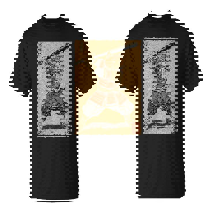 ビンテージアニメ 日本美術 野球選手の侍猫 長袖tシャツ Tシャツ