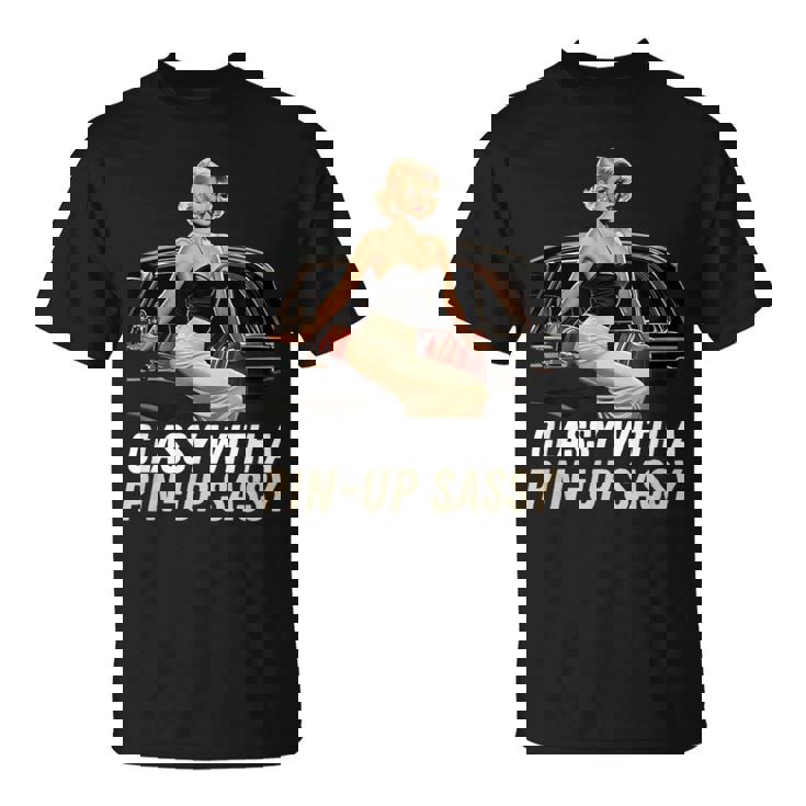 ピンナップガール クラシック オールドカー クラッシー ピンナップ生意気付き Tシャツ