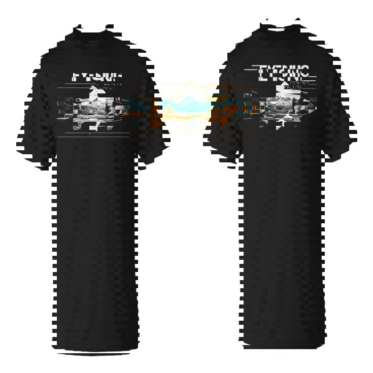 フライフィッシング モンタナ レトロ 風景 トラウト シルエット Tシャツ