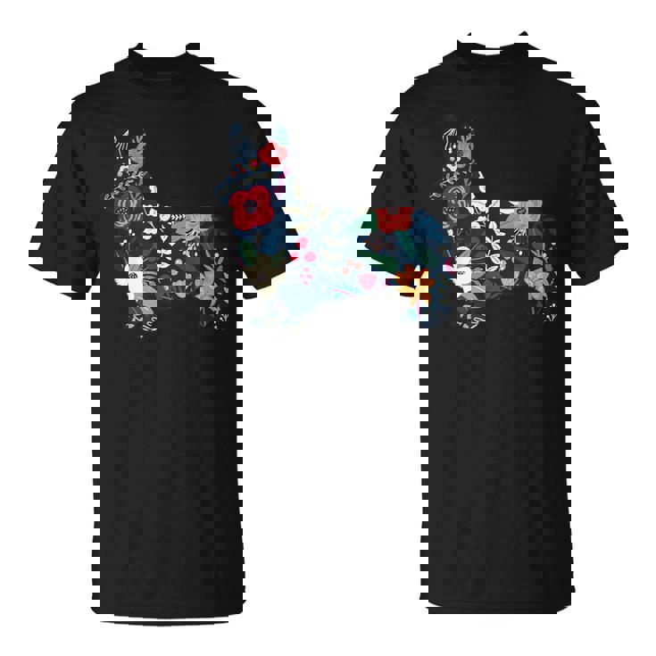 フローラルコーギーシルエット コーギー犬愛好家 Tシャツ