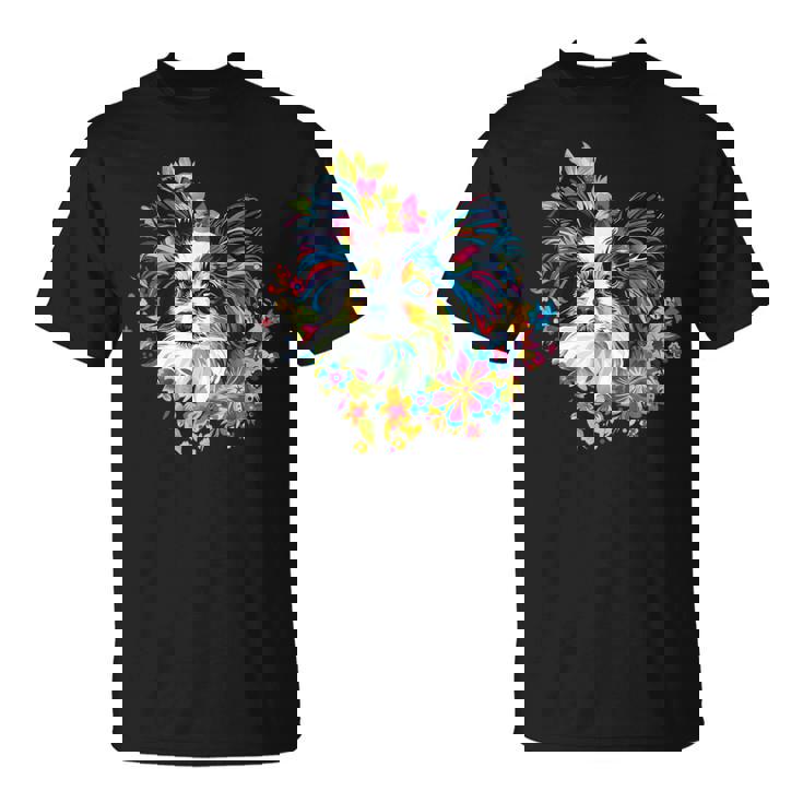 フローラル・ポップ・アート カラフルなパピヨン Tシャツ