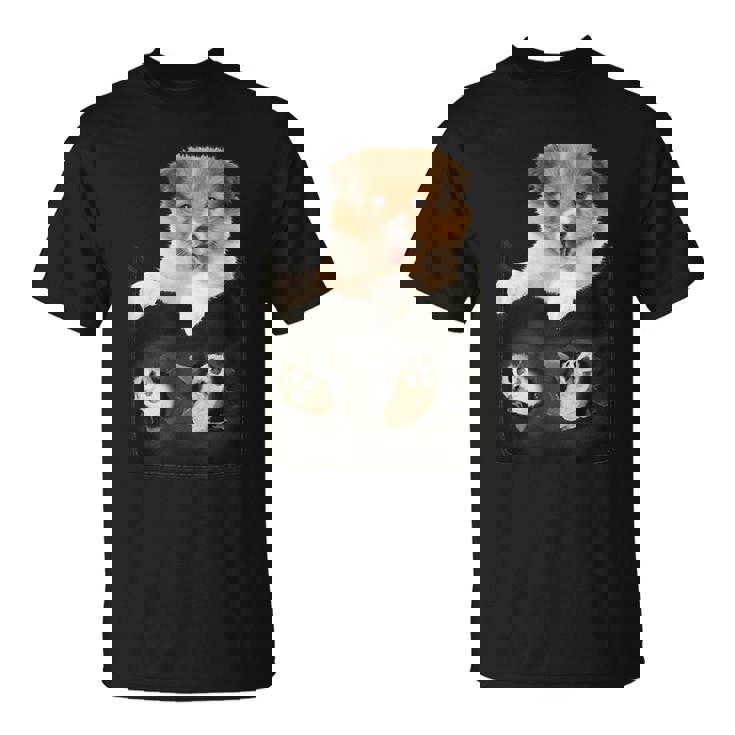 プリントポケットに入ったコリー犬 犬好きに面白い Tシャツ