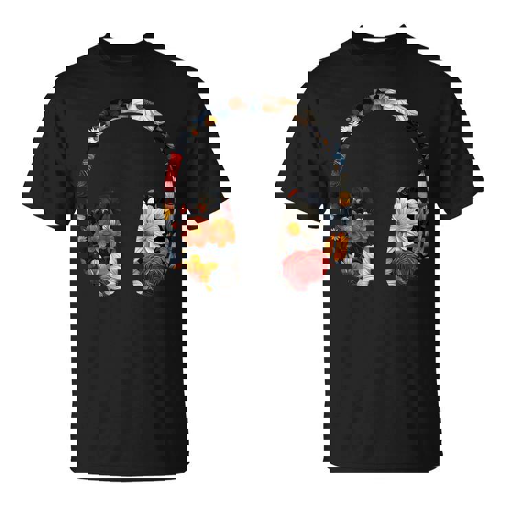 ヘッドフォンのシルエット 花柄 ボタニカル・フラワー Tシャツ