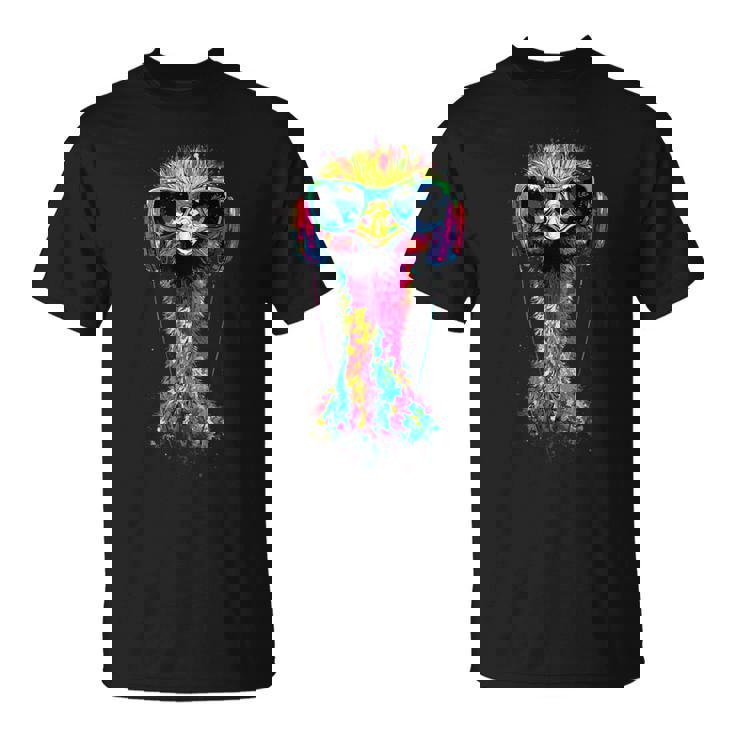 ヘッドフォン付きダチョウの鳥 カラフルなエミュー音楽djブーケ Tシャツ