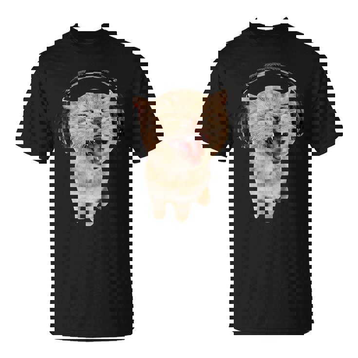 ヘッドフォン付き猫 ミーム Tシャツ