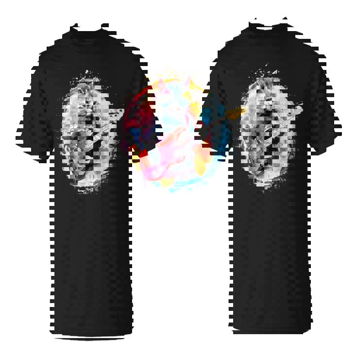 ベースギターを弾く猫水彩グラフィックデザイン Tシャツ