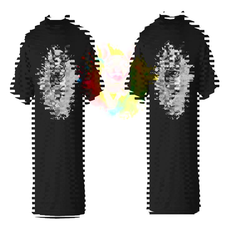 ボストンテリア 恋人 カラフル スプラッシュアート ボストンテリア Tシャツ