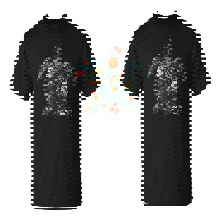 ボタニカルシルエットの花 海の花 ウミガメ Tシャツ