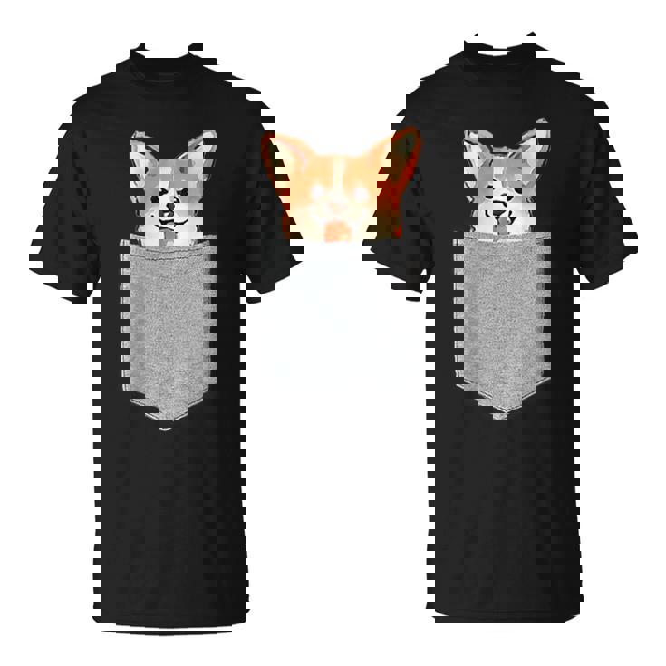 ポケットから覗く可愛いコーギーのデザイン Tシャツ