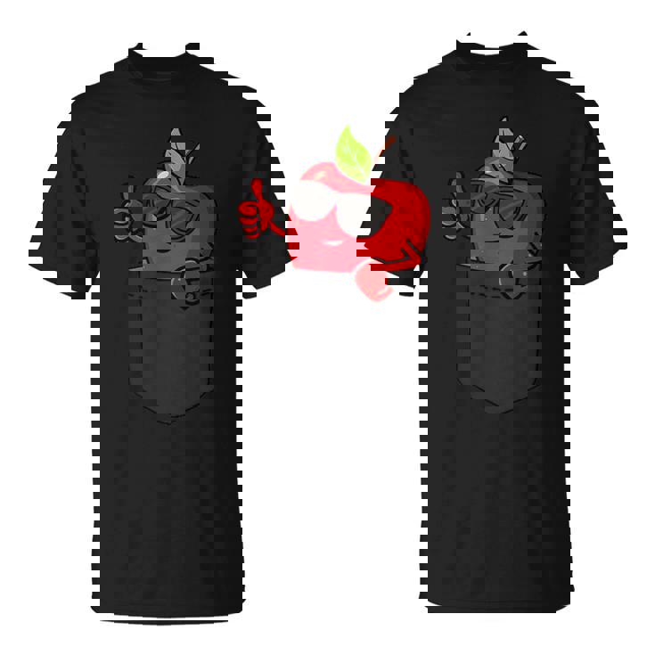 ポケットに入ったクールなリンゴ、サングラスをかけたリンゴのぞき見。 Tシャツ