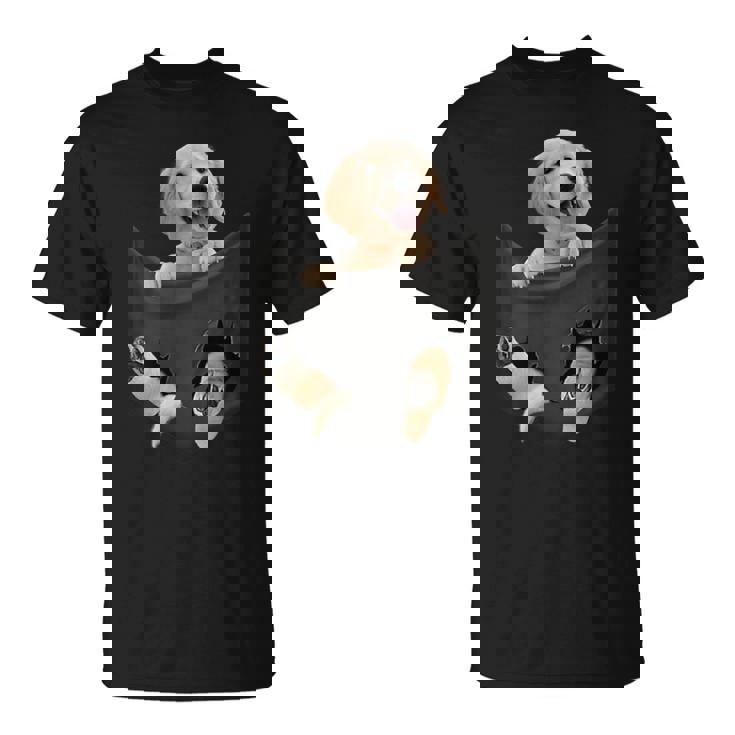 ポケットに入ったゴールデンレトリーバーの犬 ゴールデンパピー のぞき見 Tシャツ