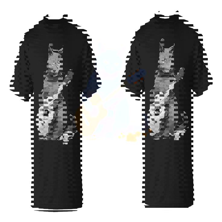 ミュージシャン ロシアンブルー猫 ギタリスト 猫とギター Tシャツ