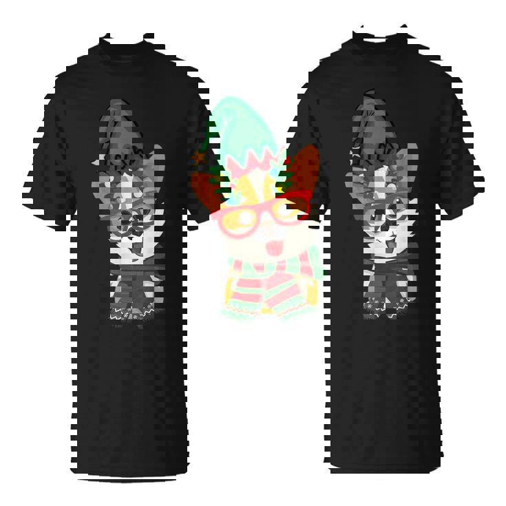 メリークリスマス かわいいオタクウェールズコーギー エルフの帽子とスカーフ付き Tシャツ