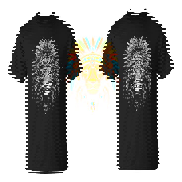 ライオン インディアン ヘッドドレス 羽 部族 ライオン Tシャツ