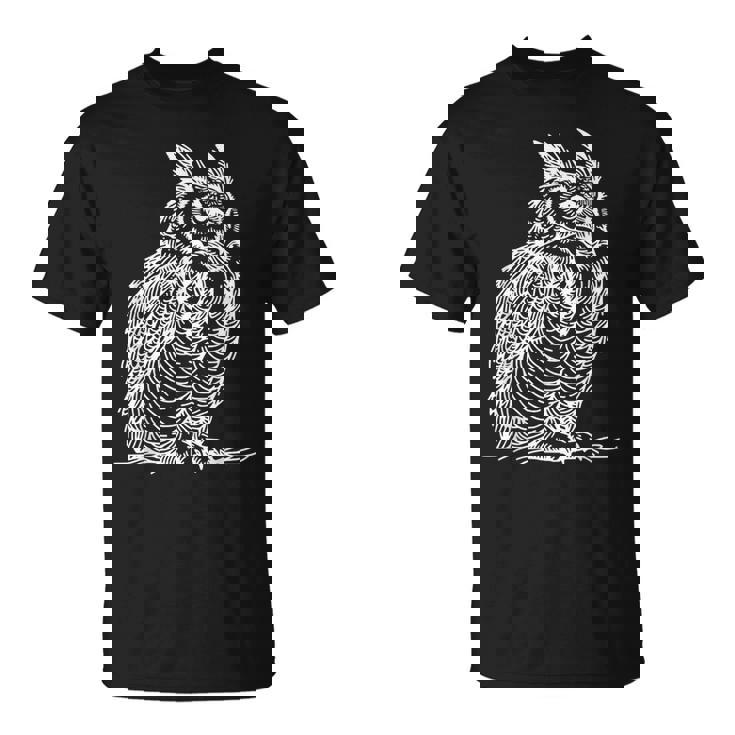 ラインアート 鳥・鳥類学者 オオツノフクロウ Tシャツ