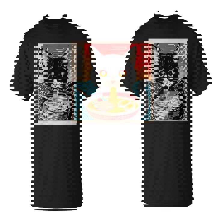 ラーメンと黒猫 和風ビンテージ Tシャツ