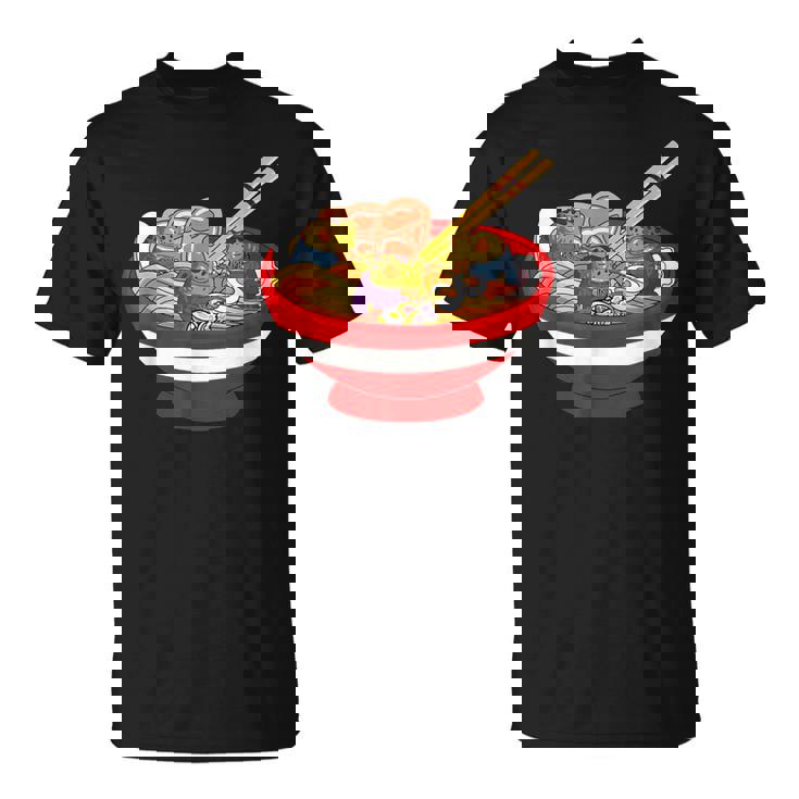 ラーメンを食べる三匹のかわいいカエルのお揃い アニメ恋人 食通 Tシャツ