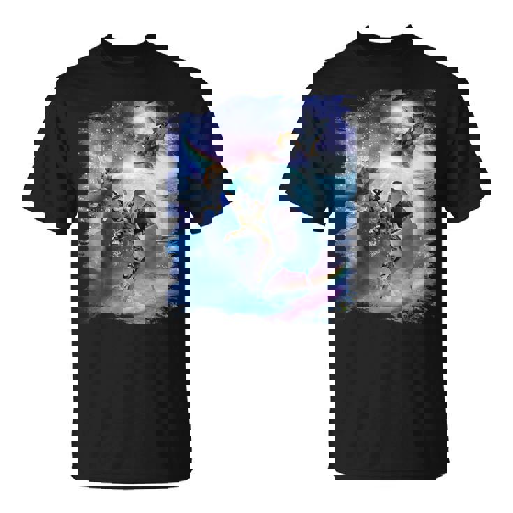 レインボーギャラクシー 宇宙に乗るサメに乗る猫 Tシャツ