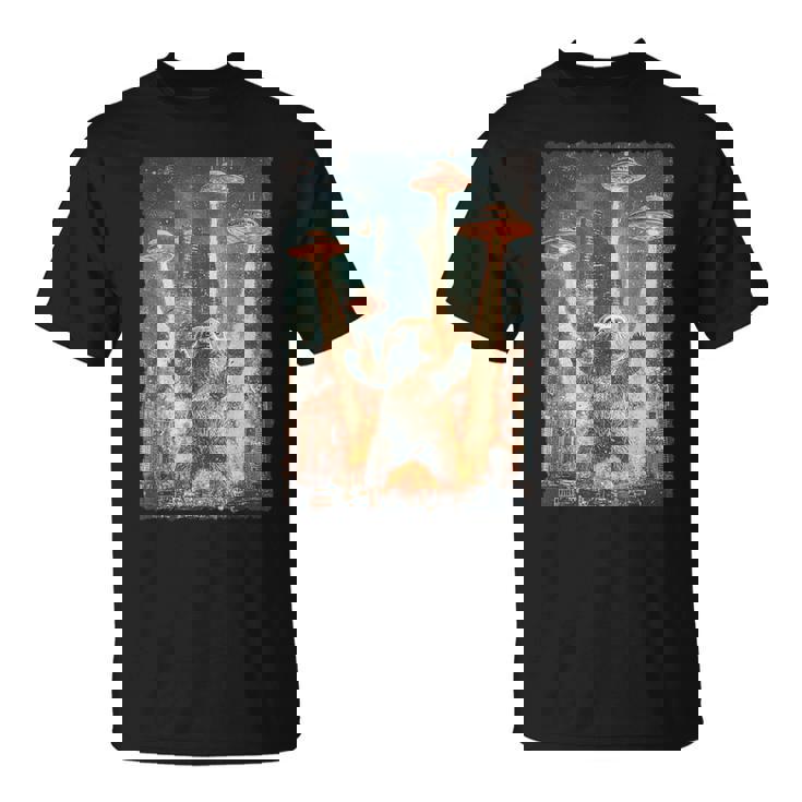 レトロ日本アニメ怪獣モンスターナマケモノセルフィー東京ufo Tシャツ