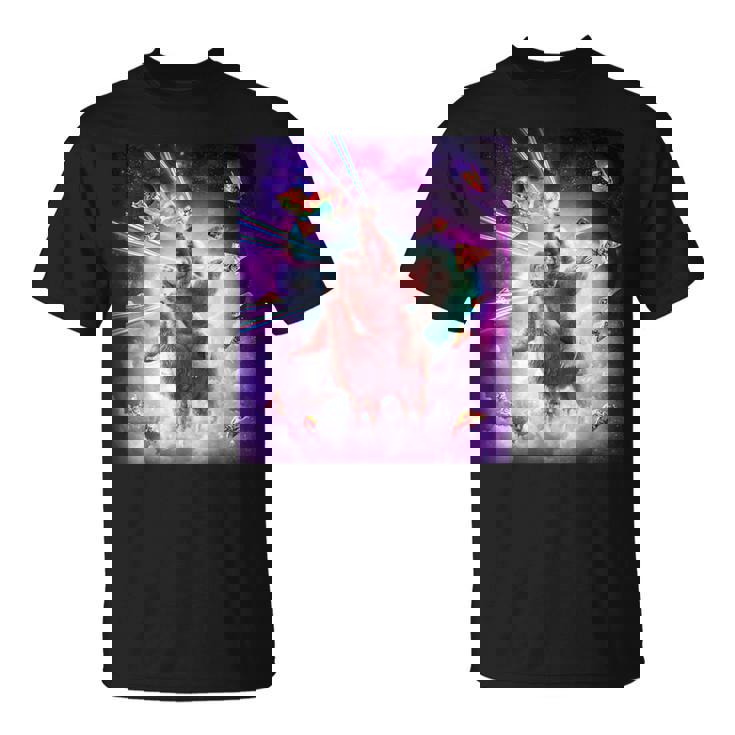 レーザーアイズスペースキャットライディングナマケモノ、ラマ-レインボー Tシャツ