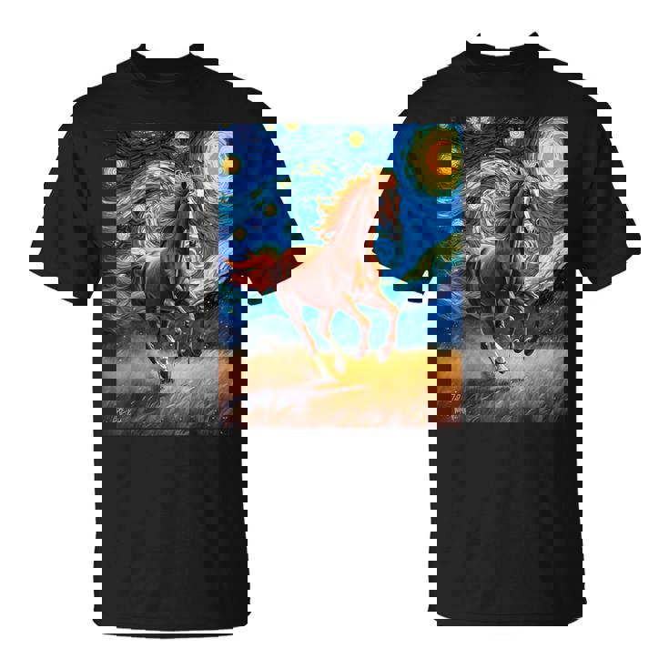ヴァンゴッホの星空の夜ワイルドホースマスタングアニマル愛好家 Tシャツ
