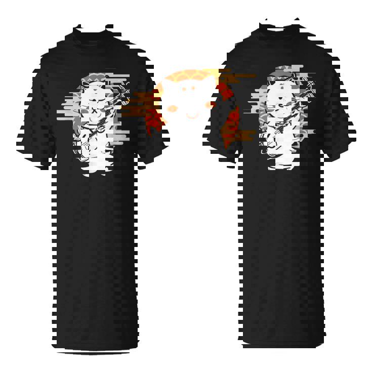 三味線で遊ぶ猫 Tシャツ