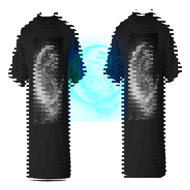 三日月のドラゴン ブルーギャラクシー天文学 アート Tシャツ