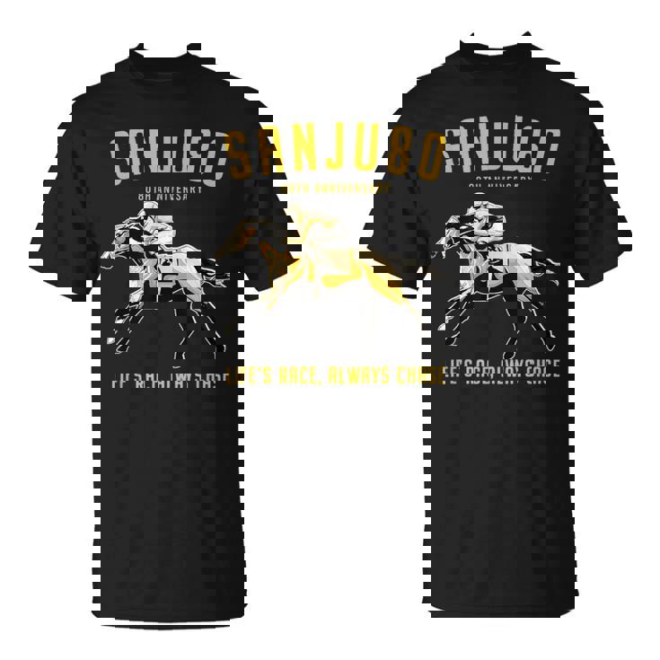 傘寿祝い 競馬好き うま 馬好き 父 母 男性 女性 80歳お祝い Life's Race Always Chase Tシャツ