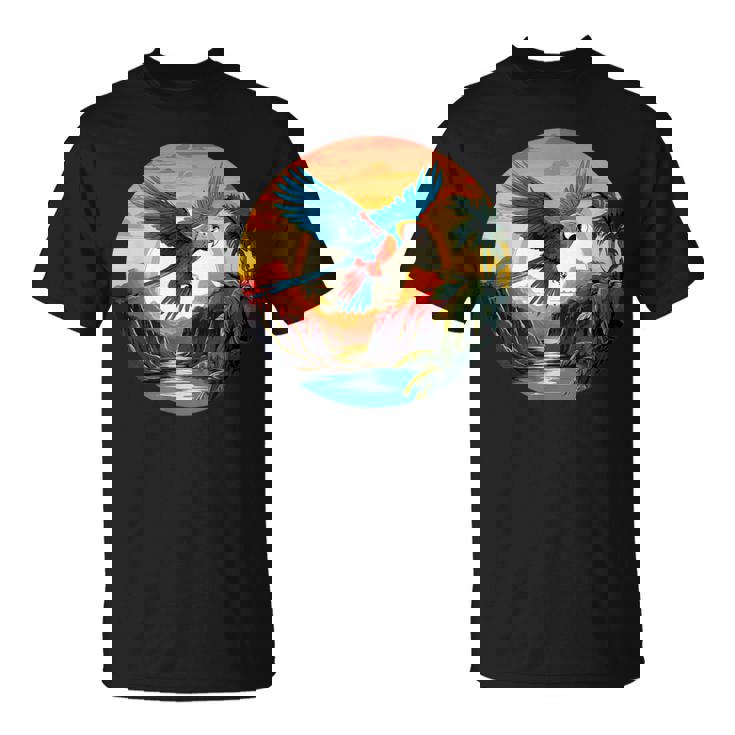 夕日の美しいコンゴウインコ、スカーレットコンゴウインコ Tシャツ