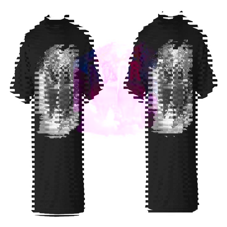 宇宙で虹色のラマに乗る子猫 Tシャツ