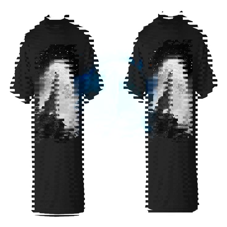 宇宙空間 オオカミ 月に遠吠えするオオカミ Tシャツ