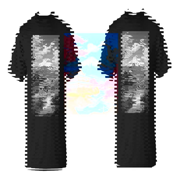 寺と富士山のある日本の風景 Tシャツ